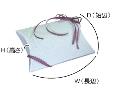 ピローBOXのW(長辺)×D(短辺)×H(高さ)の図